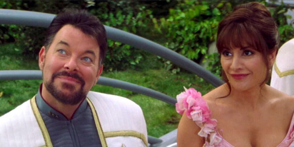 Marina Sirtis: Jonathan Frakes and I “Kept it going” Even Though Star Trek: TNG Warned Us to Drop the Riker-Troi Romance Arc 17 William Riker and Deanna Troi at their wedding