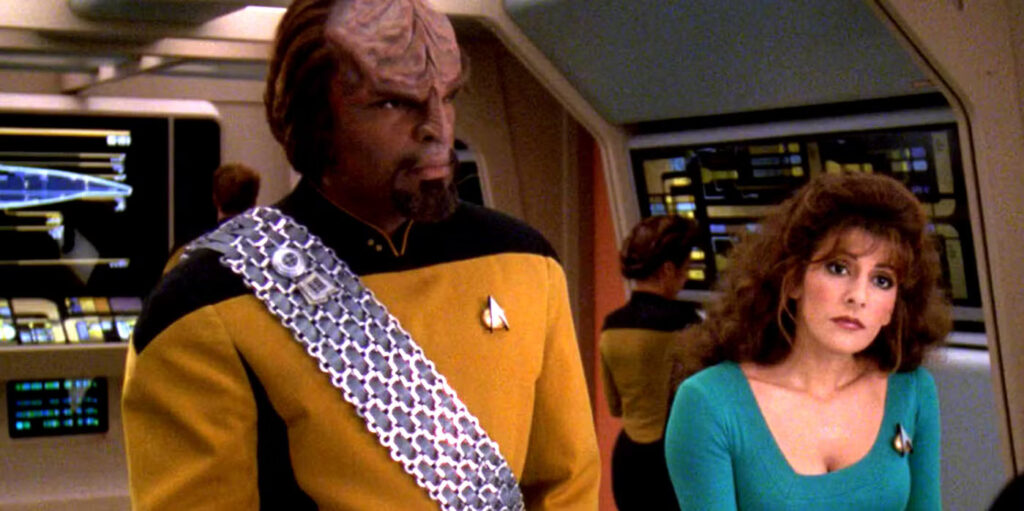 Marina Sirtis: Star Trek’s Troi-Worf Romance Made Michael Dorn’s Character “Totally Un-Klingon” 3 Michael Dorn and Marina Sirtis on the bridge