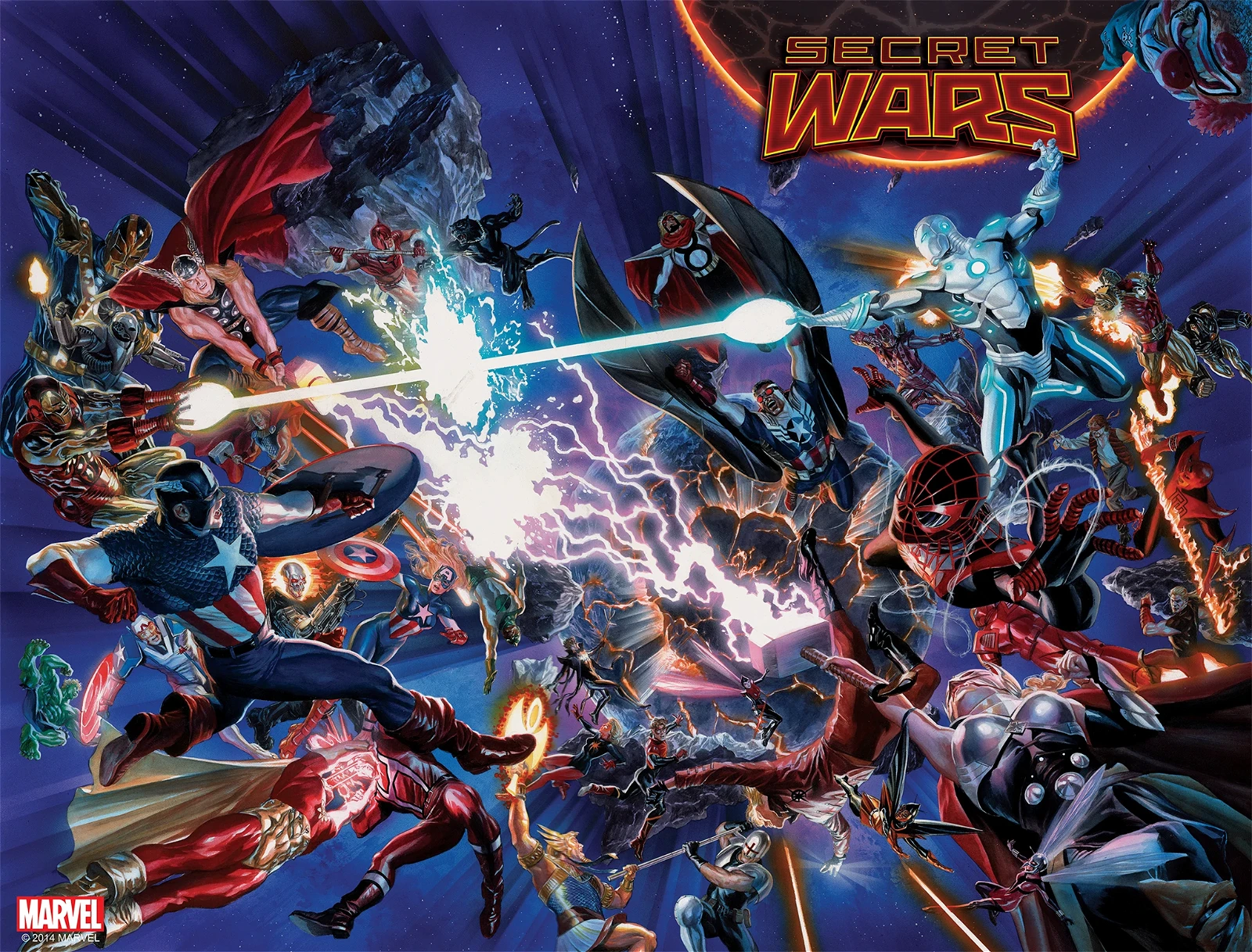 A comic panel showing the war in Avengers: Secret Wars.