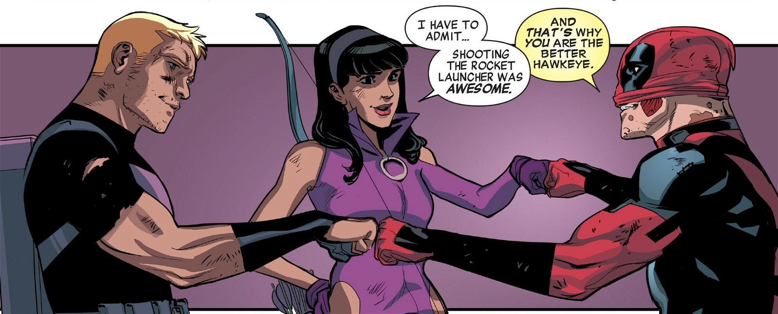 Kate Bishop, Clint Barton, and, Deadpool fight it out in the comics.