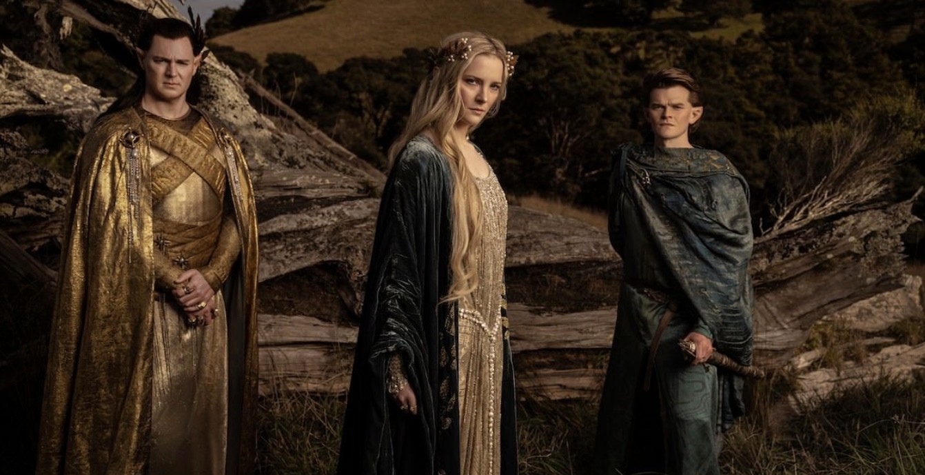 Immortal elves Morfydd Clark's Galadriel and Robert Aramayo's Elrond in center and right respectively along with High king Gil Galad at the left.