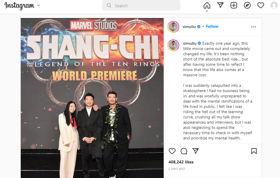 Simu Liu opens up on Instagram