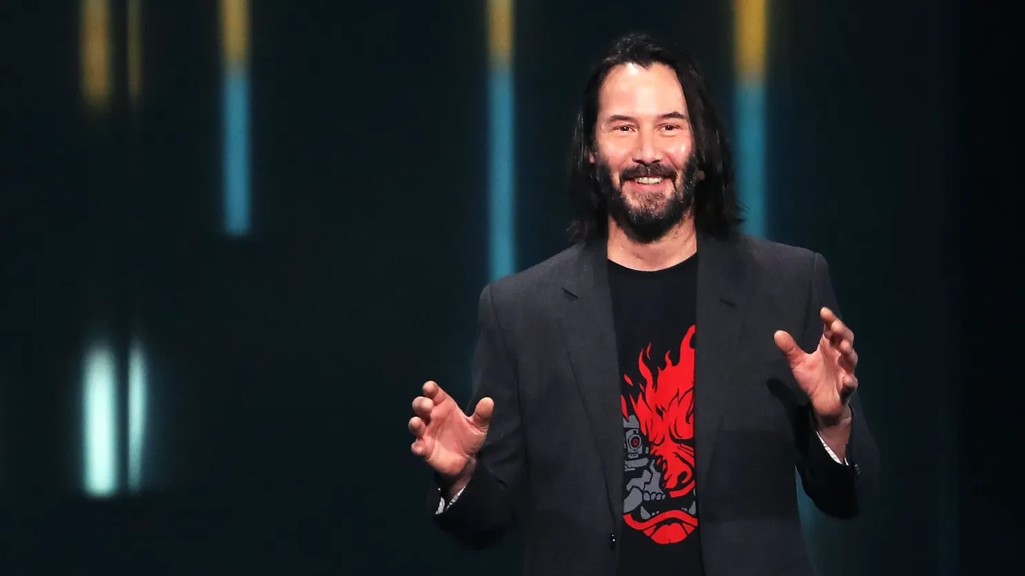 Keanu Reeves at E3 annoucing his role in Cyberpunk 2077 (2019).