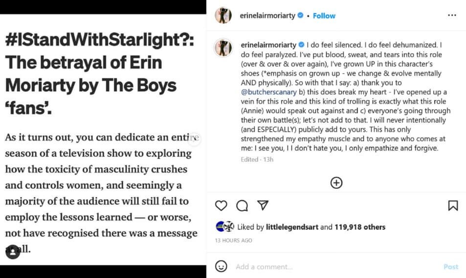 Erin Moriarty speaks up on Instagram