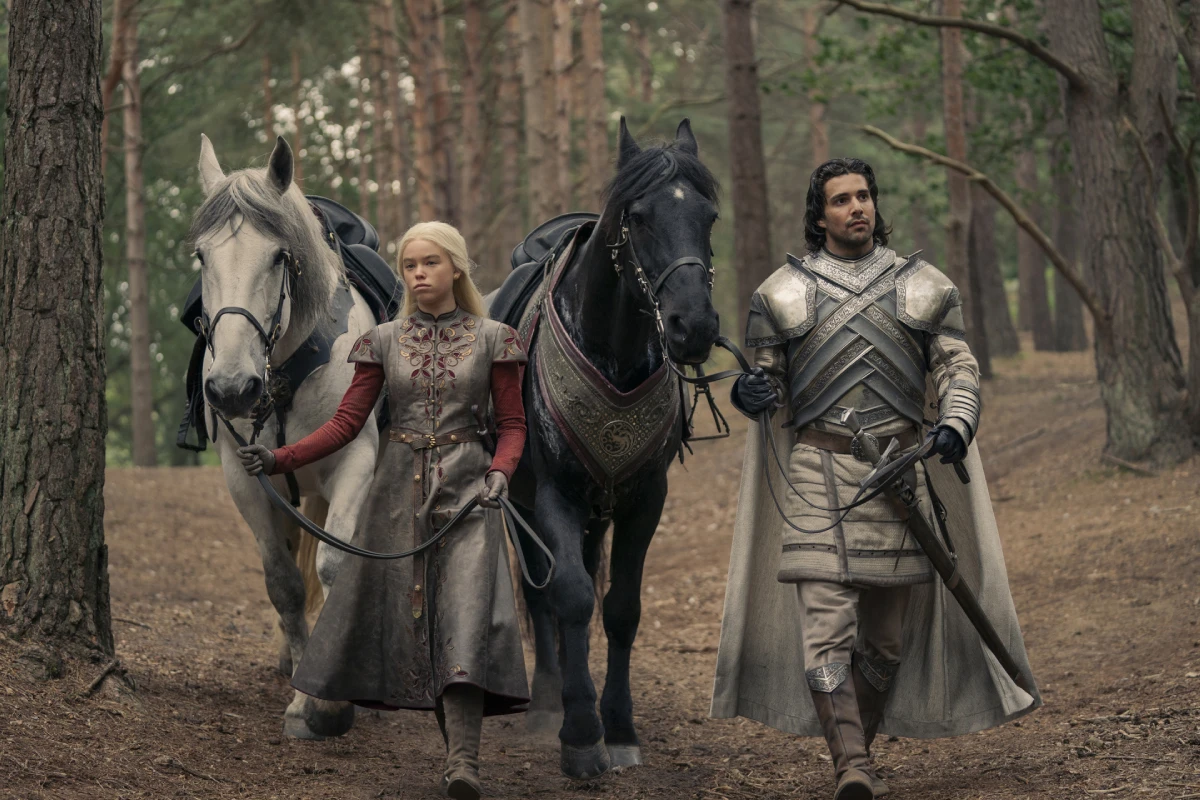 Milly Alcock and Fabien Frankel as Rhaenyra Targaryen and Ser Criston Cole in House of the Dragon.