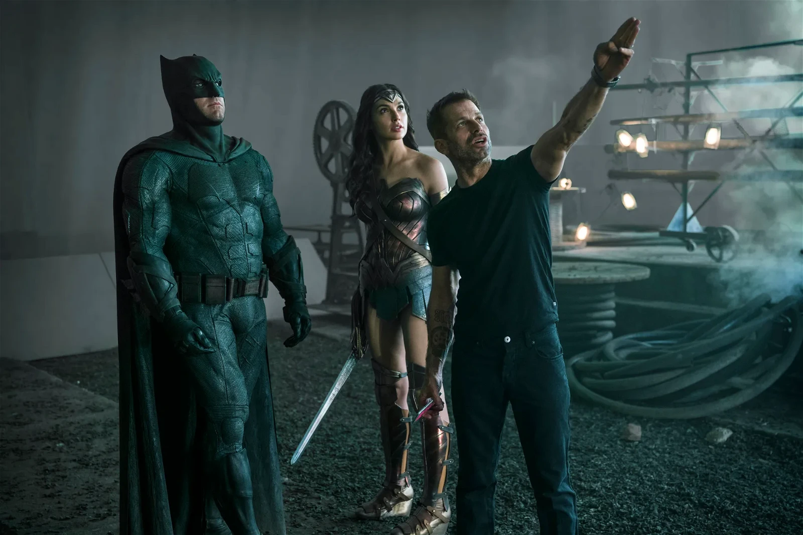 Zack Snyder on the sets of Justice League (2021) along with Ben Affleck and Gal Gadot.