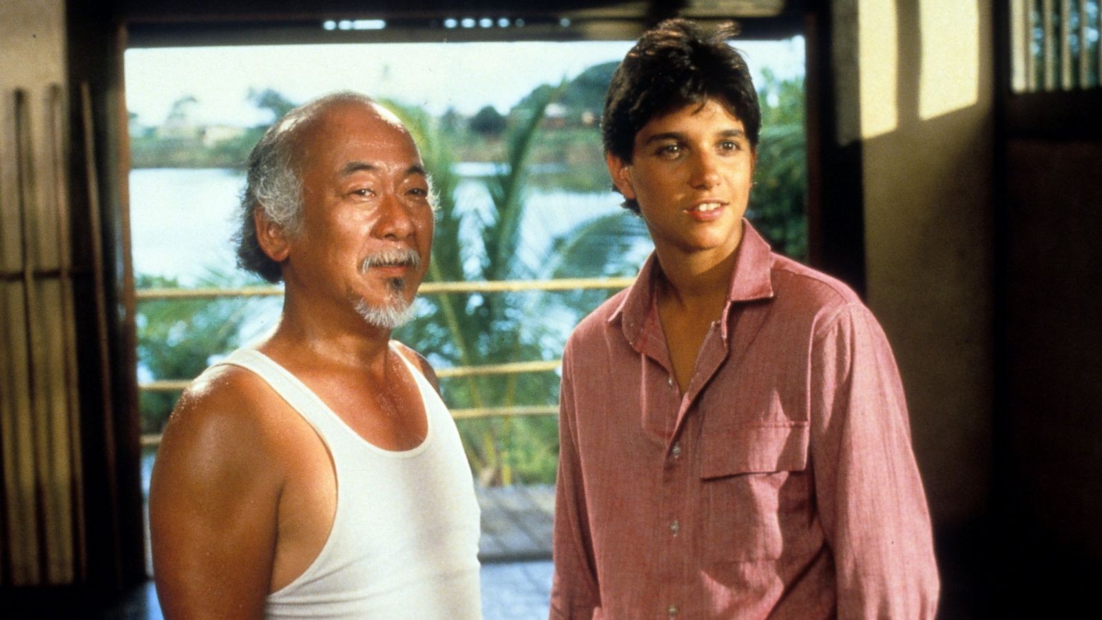Ralph Macchio and Pat Morita from the sceme in The Karate Kid