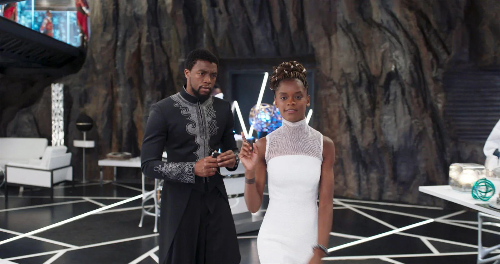 Letitia Wright and Chadwick Boseman in Black Panther (2018).