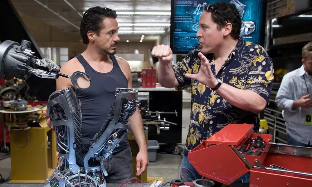 Jon Favreau and RDJ on the Iron Man set