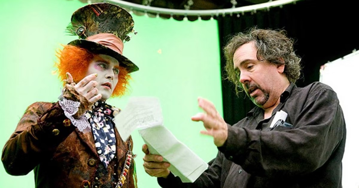 Tim Burton and Johnny Depp on the set of Alice in Wonderland