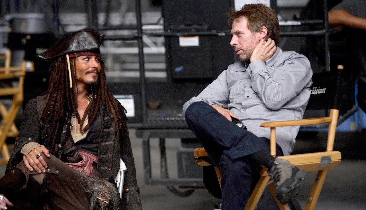 Jerry Bruckheimer on a Pirates set with Johnny Depp