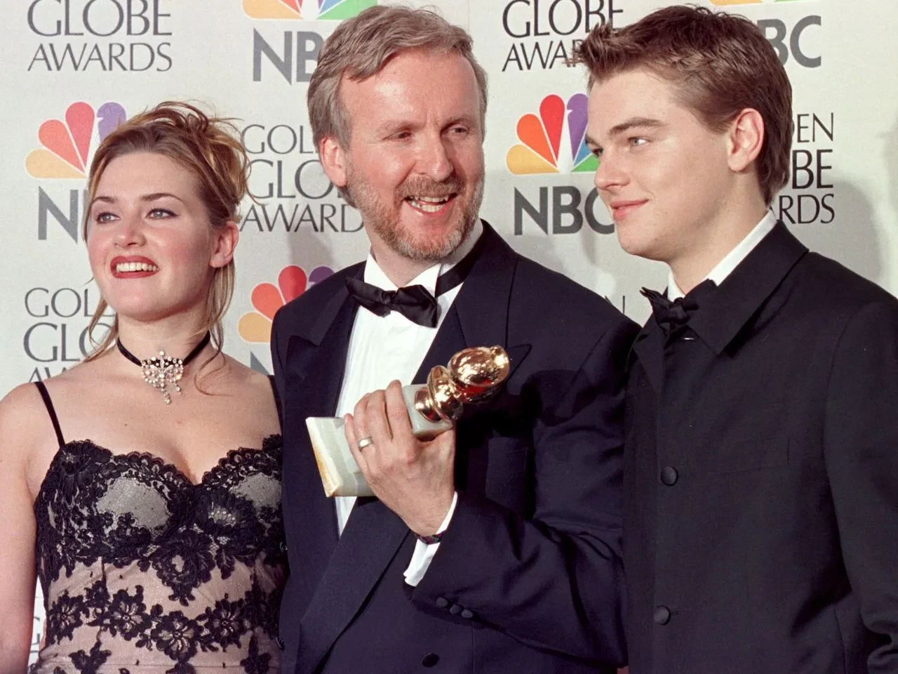 James Cameron with Leonardo DiCaprio and Kate Winslet.