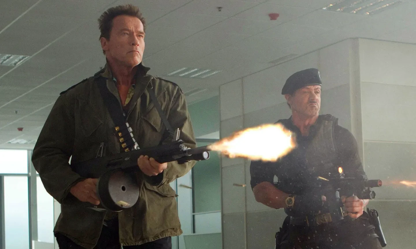 Arnold Schwarzenegger along with Sylvester Stallone in the Expendables 2.