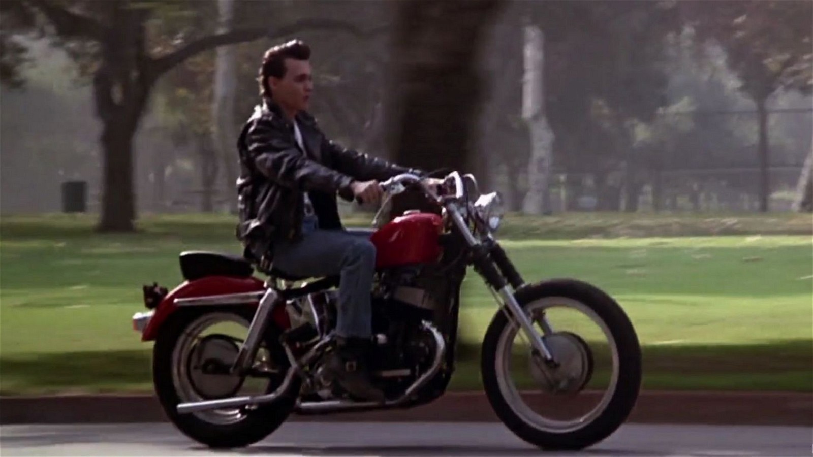 Johnny Depp riding his red Harley In Cry-Baby