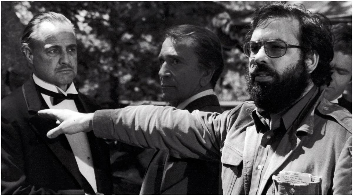 Francis Ford Coppola directs Marlon Brando on the set of The Godfather.