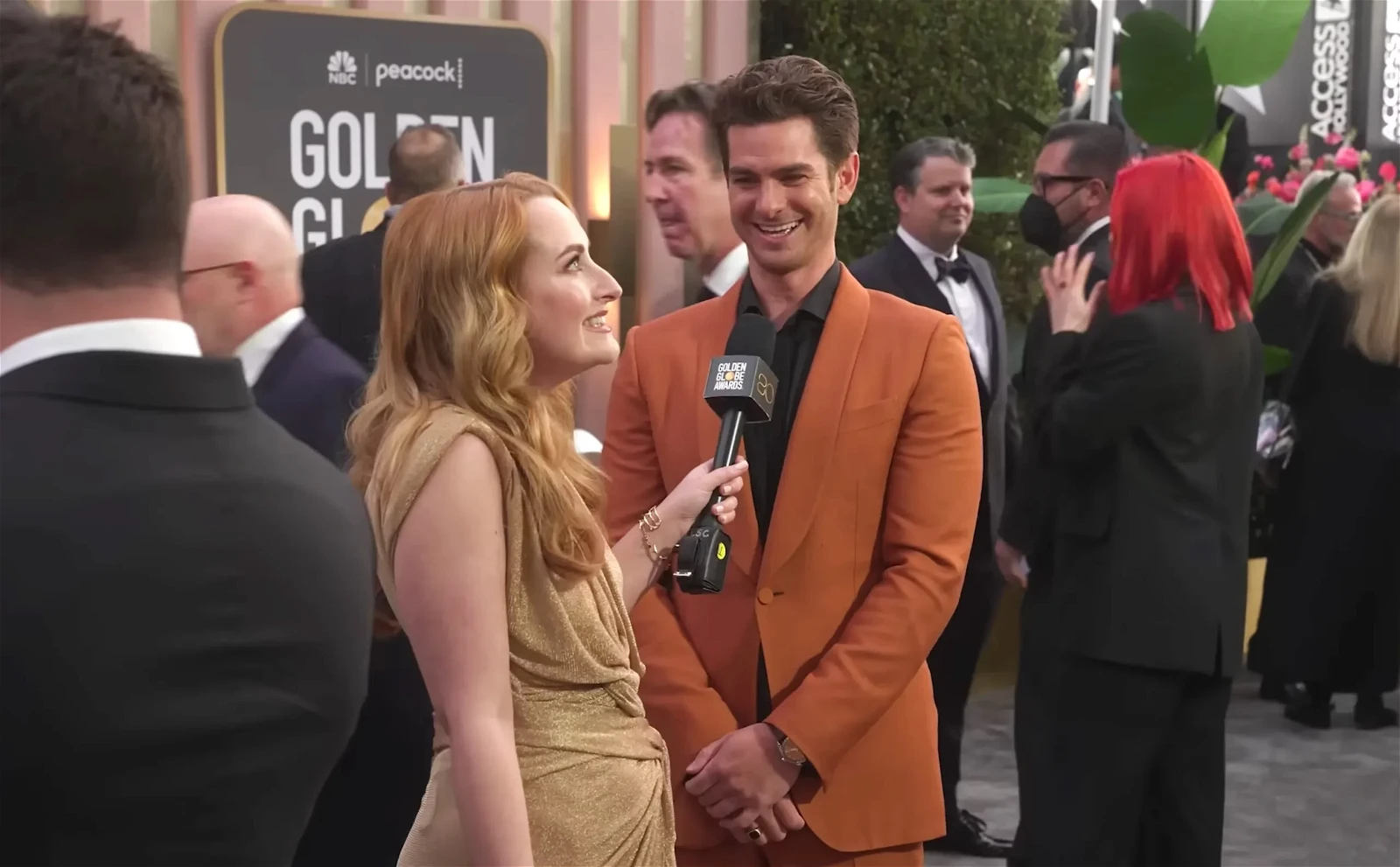 Andrew Garfield and Amelia Dimoldenberg at the Golden Globes red carpet event.