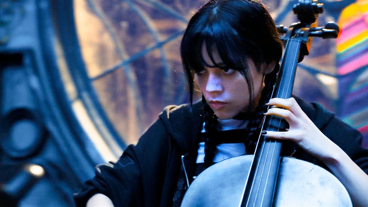 Jenna Ortega playing the cello in Wednesday