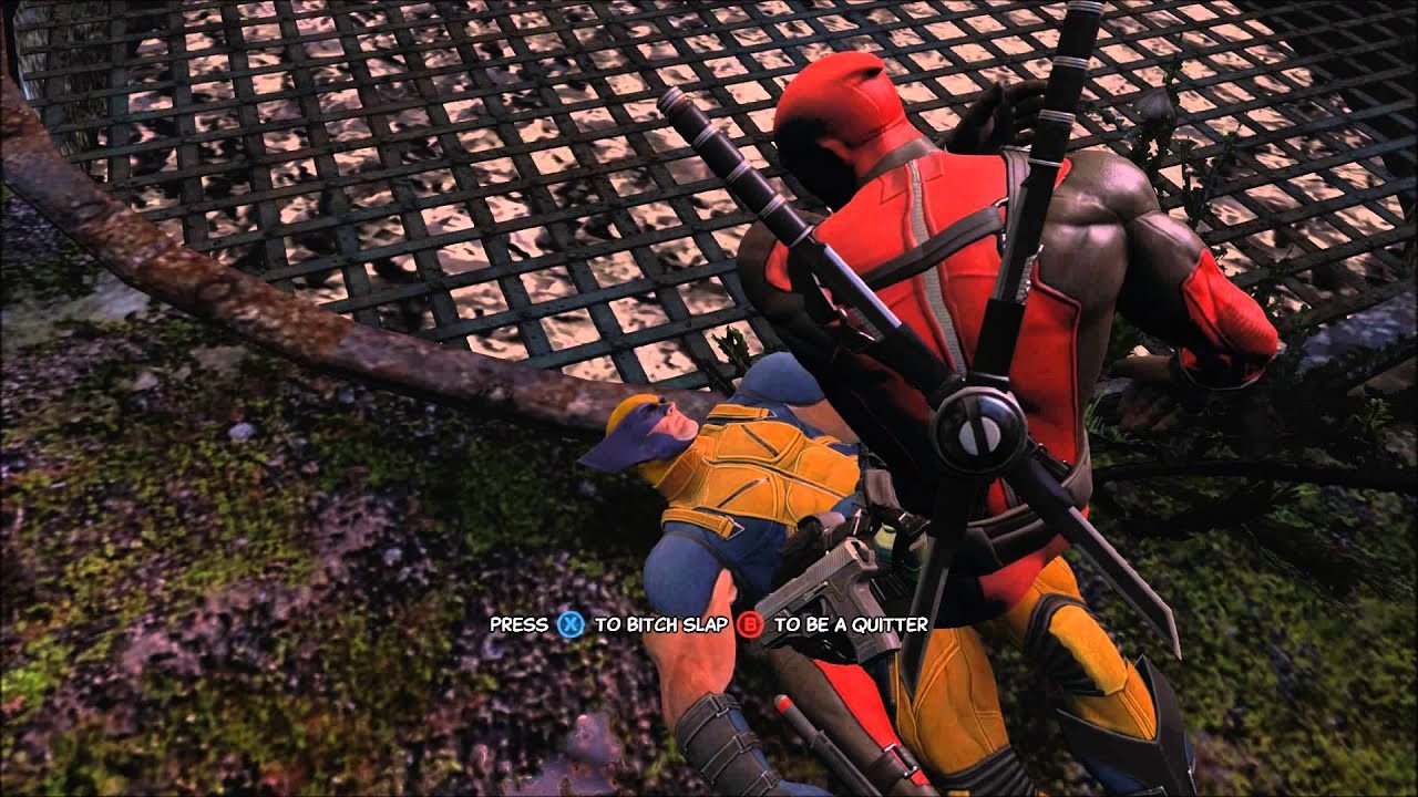 A screenshot of Deadpool slapping Wolverine in Deadpool (game).