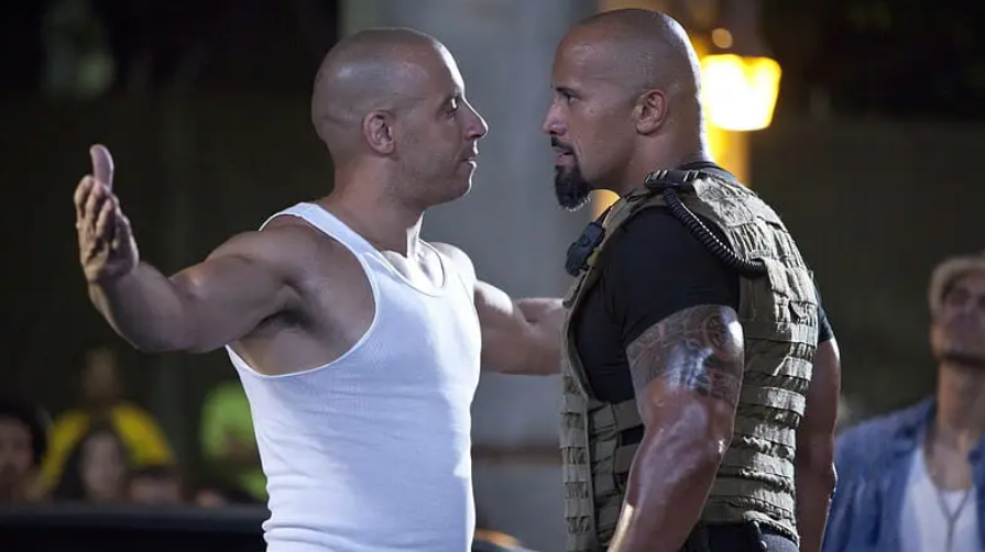 Dominic Toretto (Vin Diesel) and Luke Hobbs (Dwayne Johnson) in Fast Five.