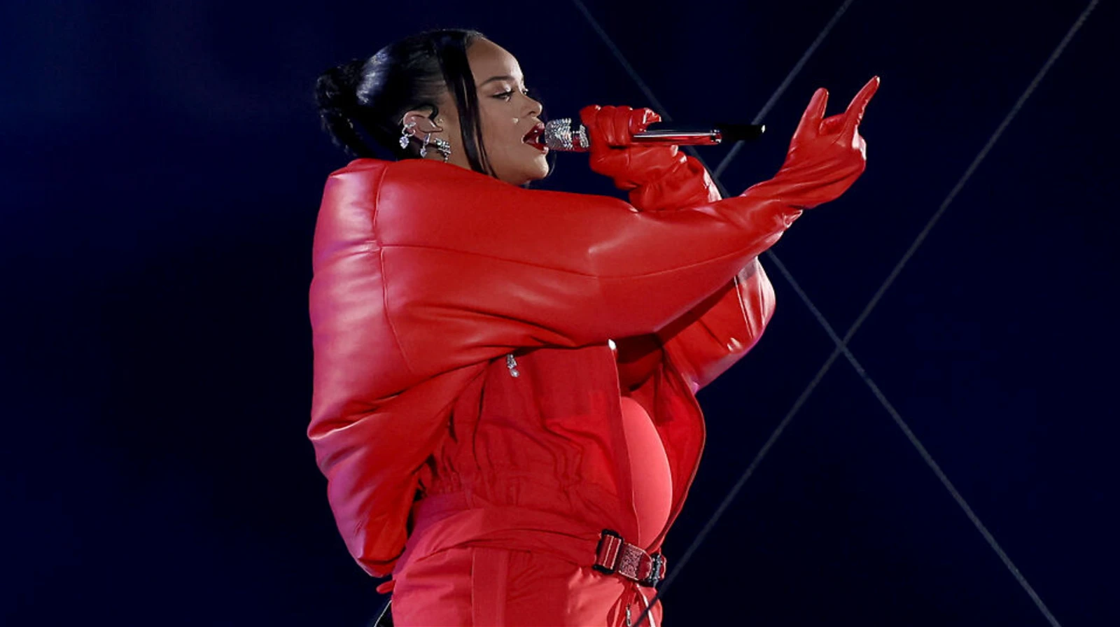 Rihanna with her baby bump during her Super Bowl performance