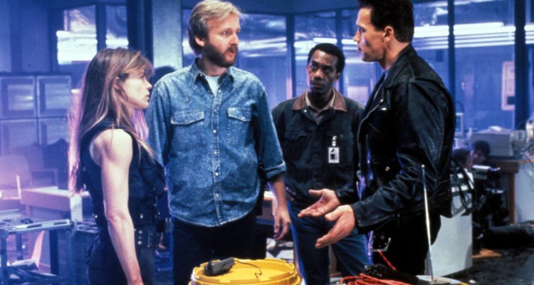 James Cameron and Arnold Schwarzeneggar behind the scenes of Terminator