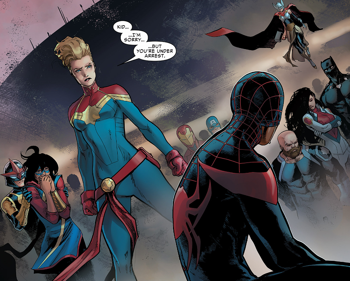 Captain Marvel arrests Miles Morales in Civil War II