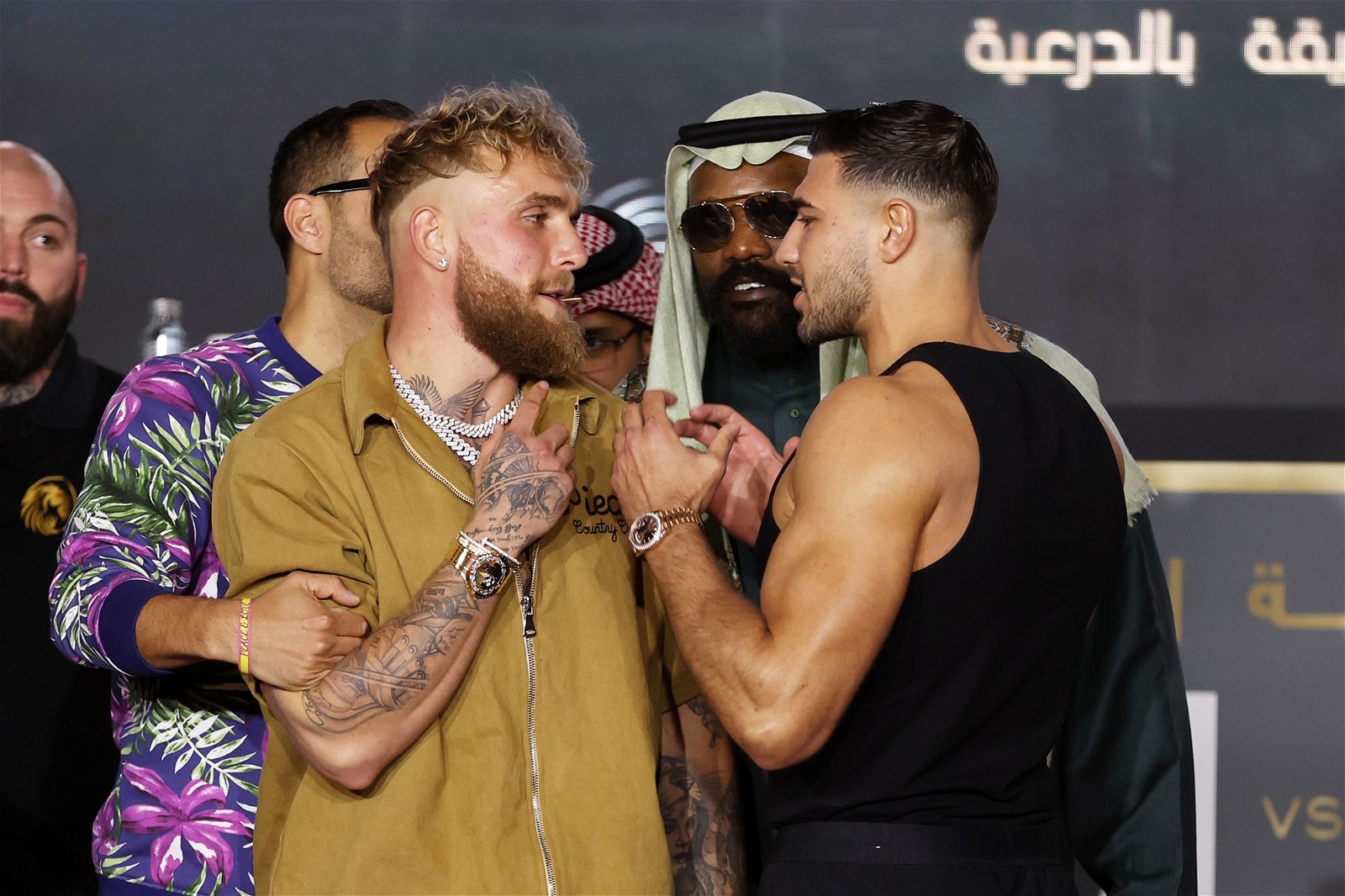 Jake Paul and Tommy Fury during the official Press Conference 