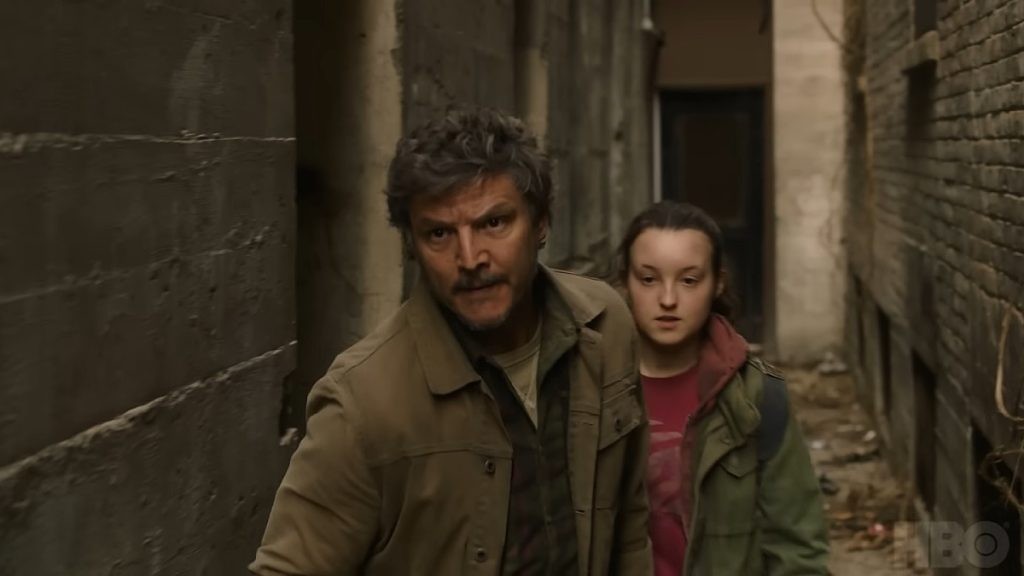 Pedro Pascal's Joel and Bella Ramsey's Ellie in HBO's The Last of Us (2023-).