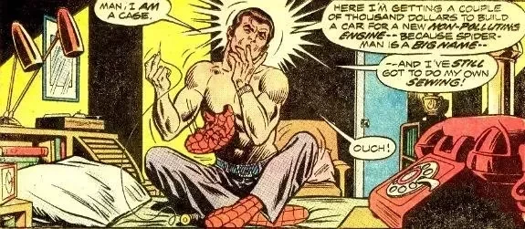 Spider-Man fixing his suit in comics