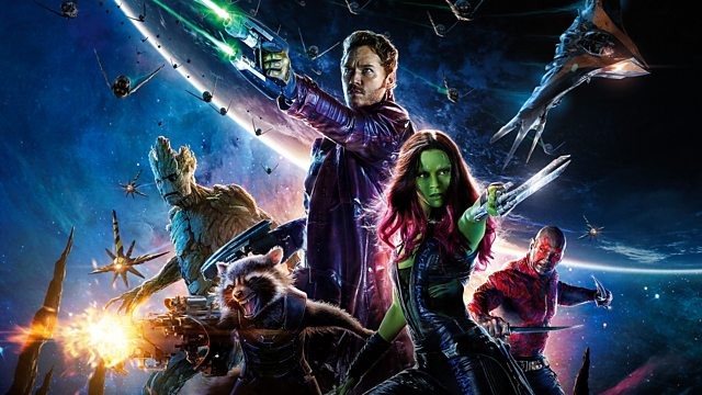 Chris Pratt, Zoe Saldana, David Bautista, Bradley Cooper and Vin Diesel in Guardians of the Galaxy
