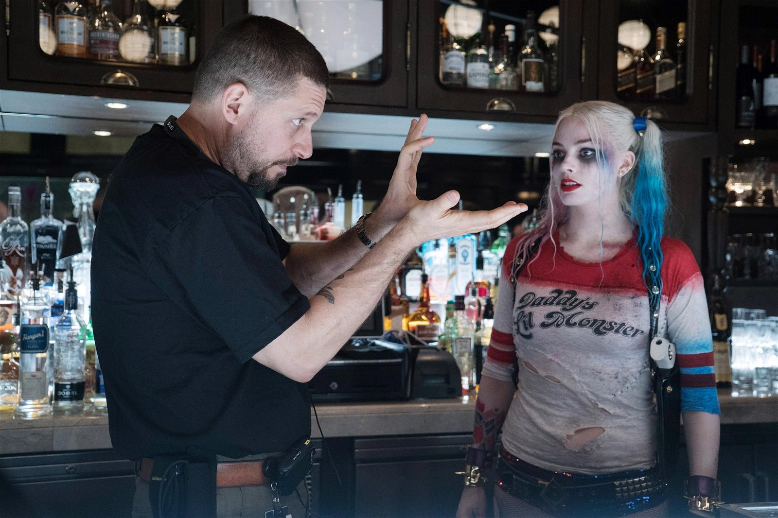 Director David Ayer and Margot Robbie on the sets of Suicide Squad (2016).