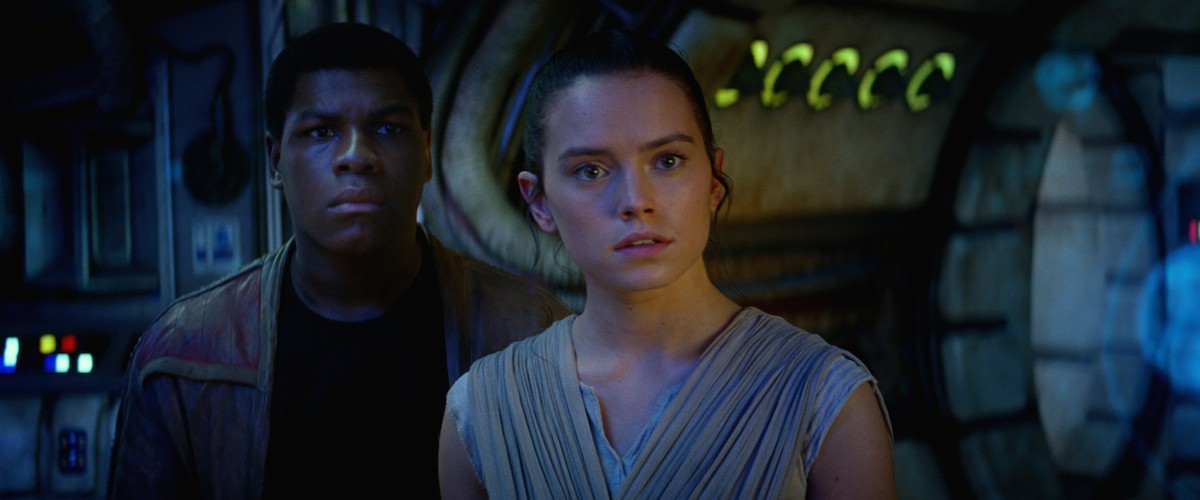 Finn and Rey in Disney's Star Wars- The Force Awakens