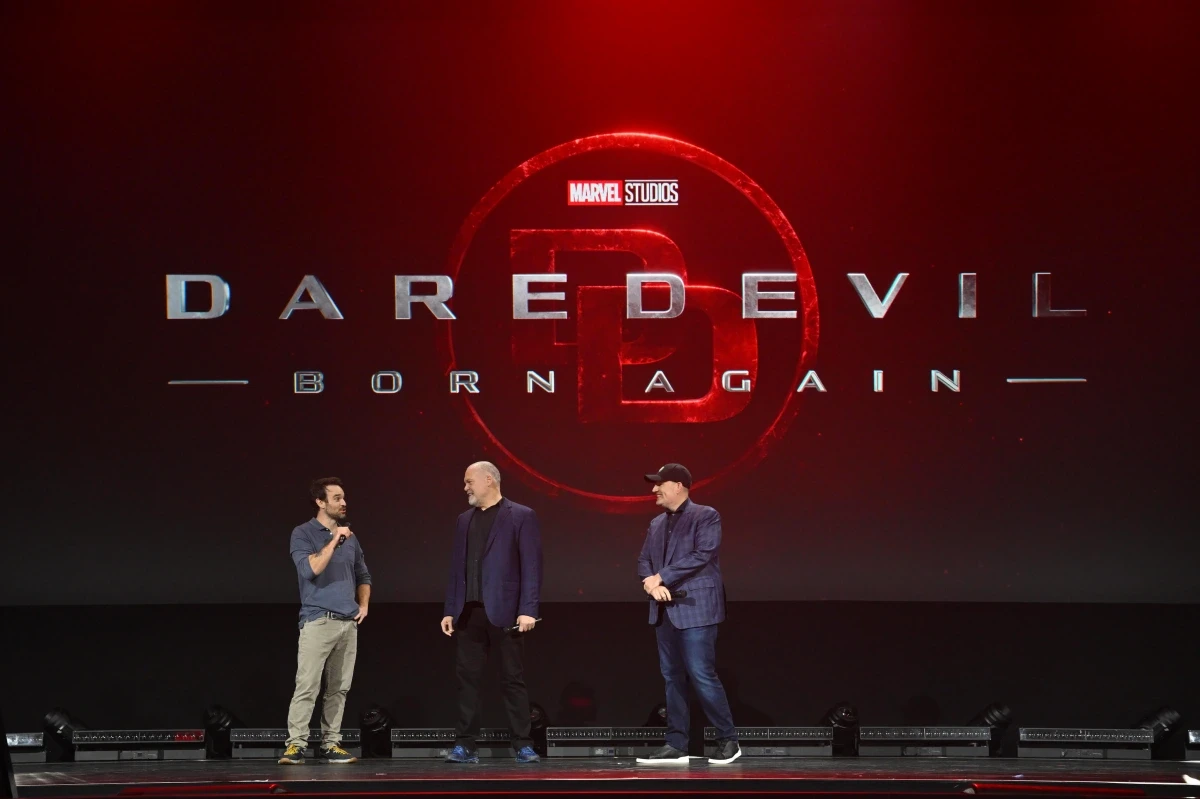 The cast Daredevil: Born Again along with Kevin Feige 