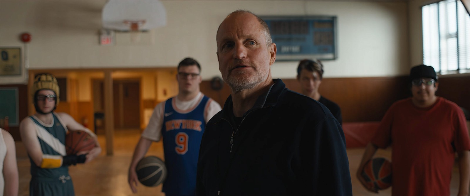 (L to R) Casey Metcalfe as Marlon, James Day Keith as Benny, Woody Harrelson as Marcus, Ashton Gunning as Cody, and Tom Sinclair as Blair in director Bobby Farrelly’s CHAMPIONS, a Focus Features release.