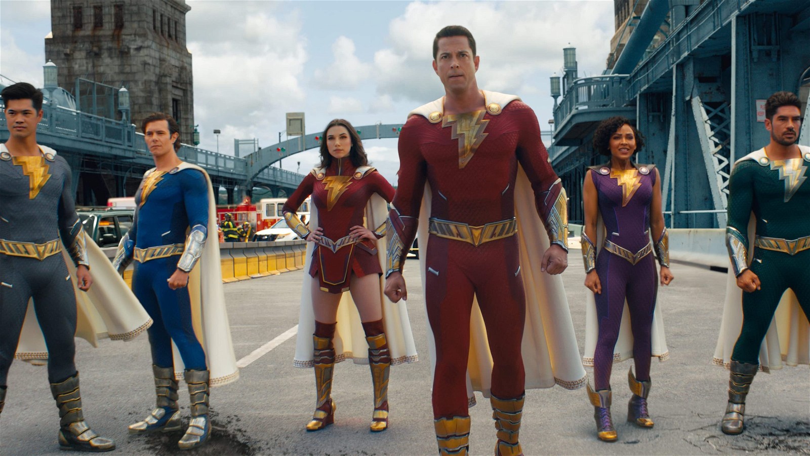 (L to R) Ross Butler as Eugene Choi, Adam Brody as Freddie Freeman, Grace Fulton as Mary Bromfield, Zachary Levi as Billy Batson/Shazam, Meagan Good as Darla Dudley, and D.J. Cotrona as Pedro Peña in Shazam! Fury of the Gods
