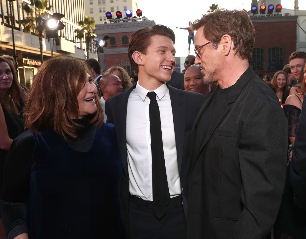 Tom Holland, RDJ, and Amy Pascal at the Homecoming red carpet premiere