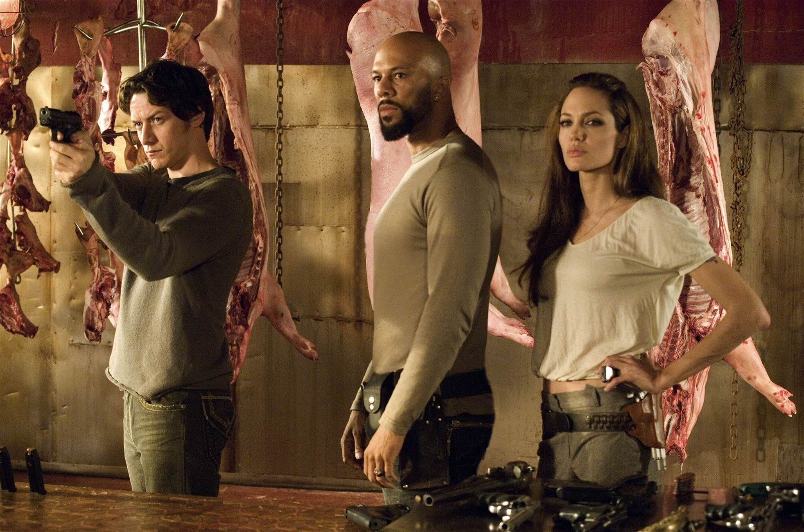 Angelina Jolie, James McAvoy, and Common in Wanted (2008).