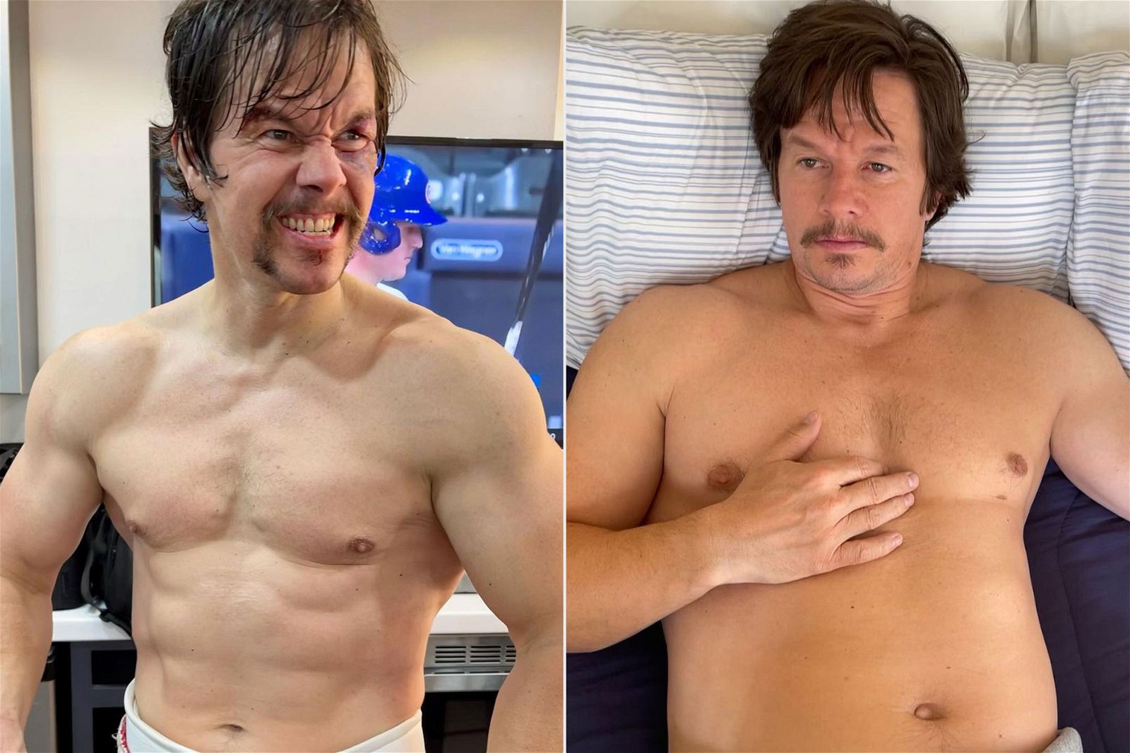 Mark Wahlberg's transformation for Father Stu as shown in The Tonight Show