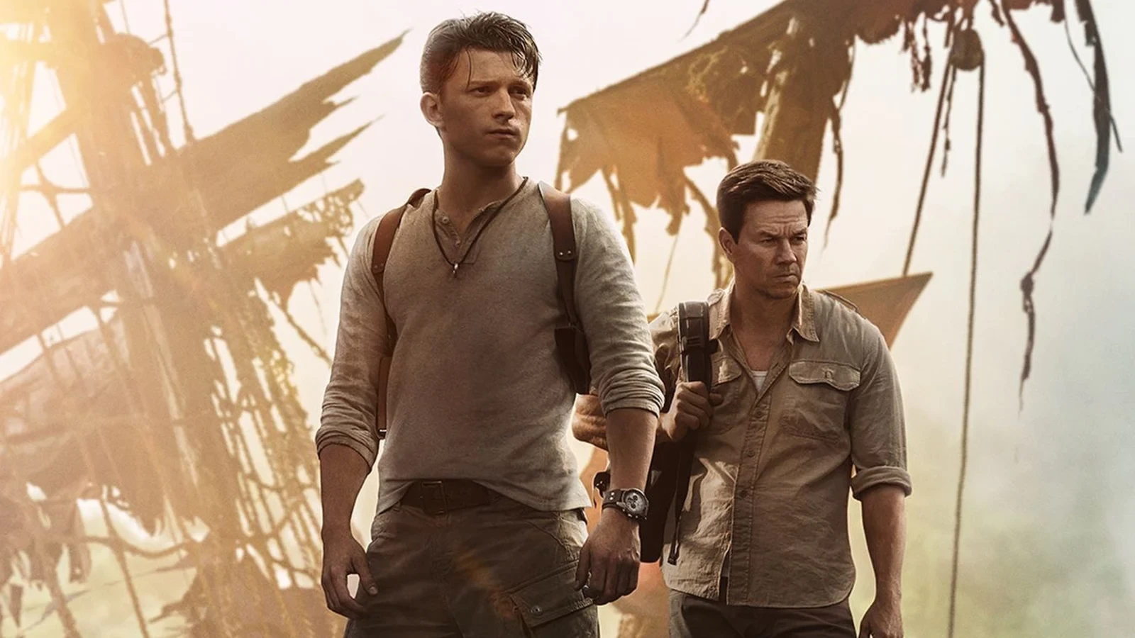 Tom Holland and Mark Whalberg in a still from Uncharted 