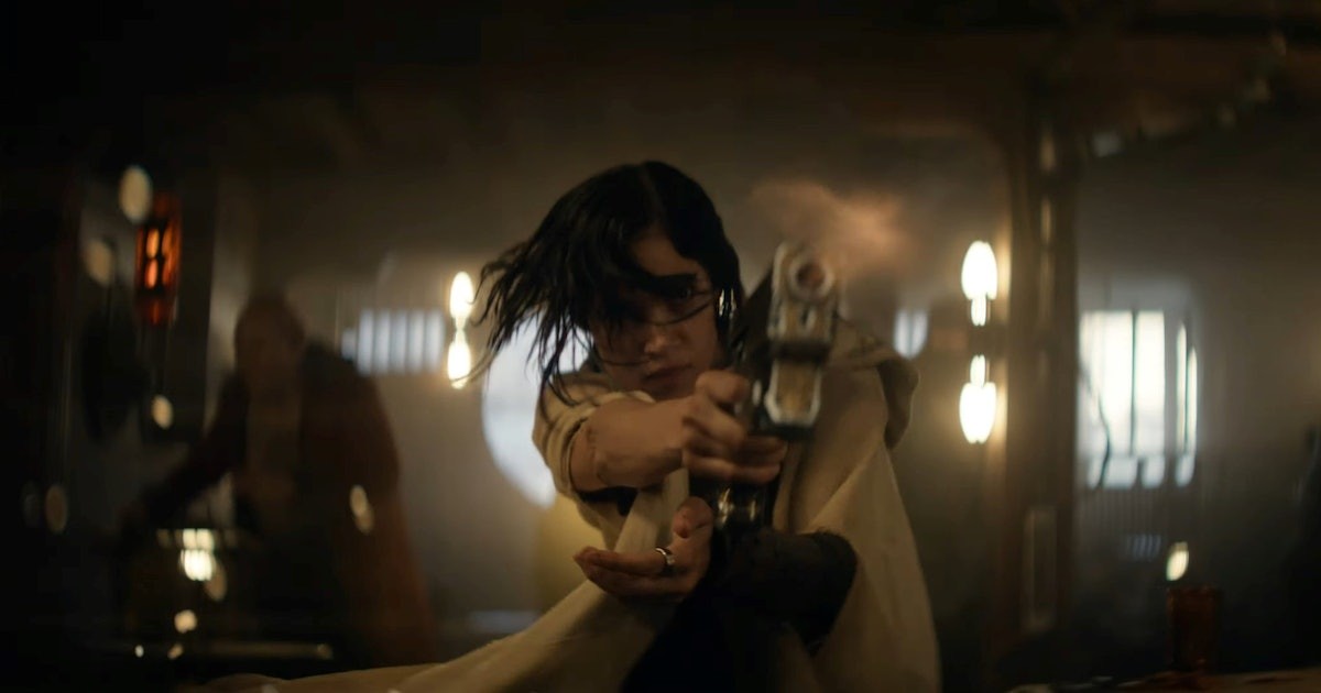 Sofia Boutella in a gun fight in Rebel Moon