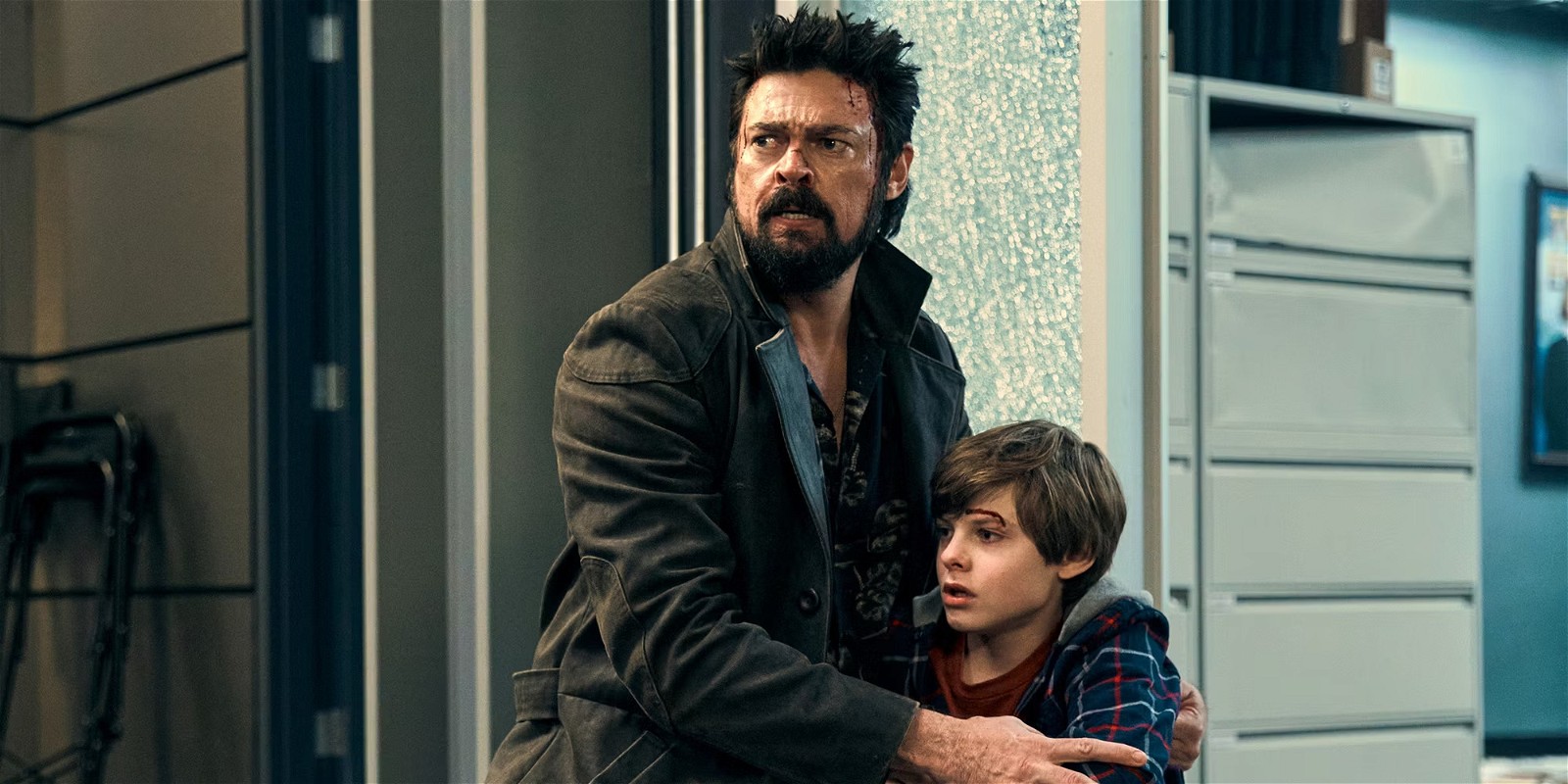 Karl Urban as Billy Butcher with Ryan Butcher in The Boys