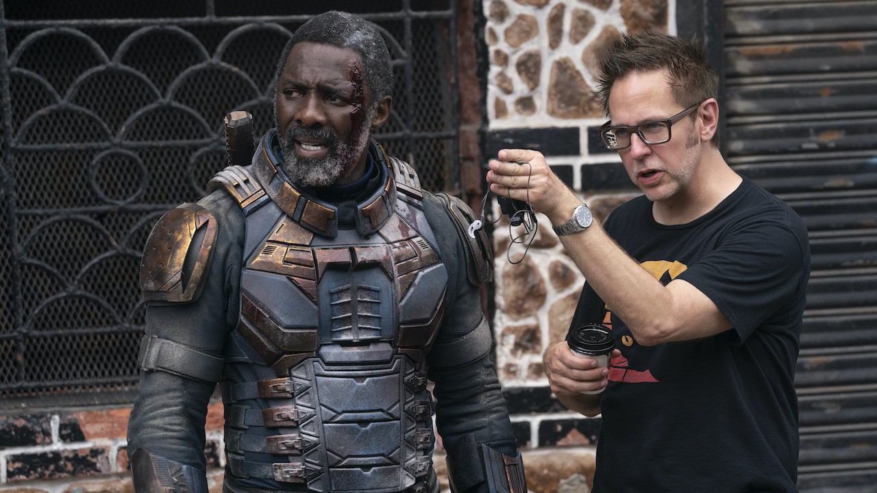 James Gunn alongside Idris Elba on the sets of The Suicide Squad (2021).