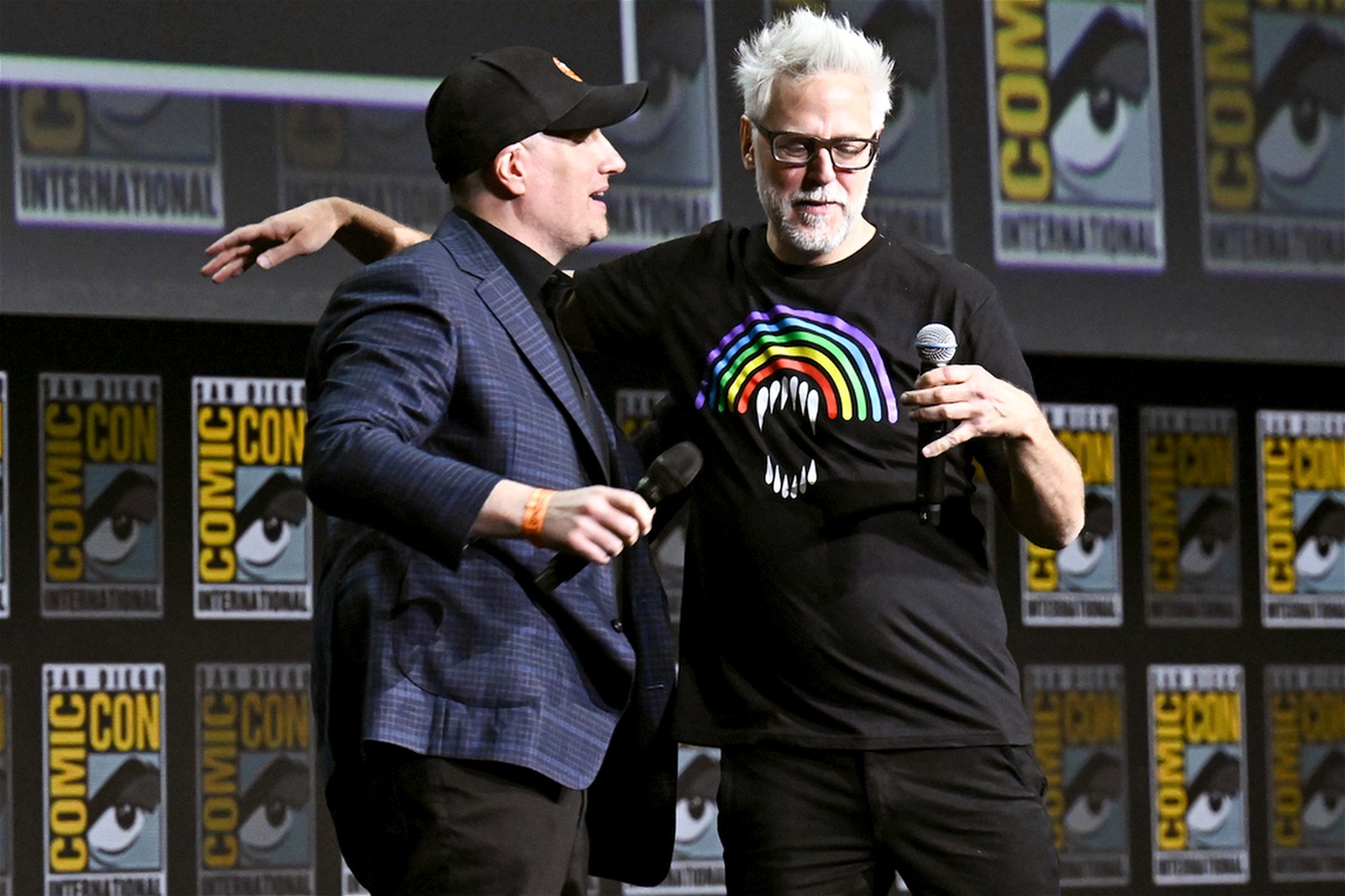 President of Marvel Studios Kevin Feige and James Gunn speak onstage during the Marvel Studios panel at the 2022 San Diego Comic-Con International