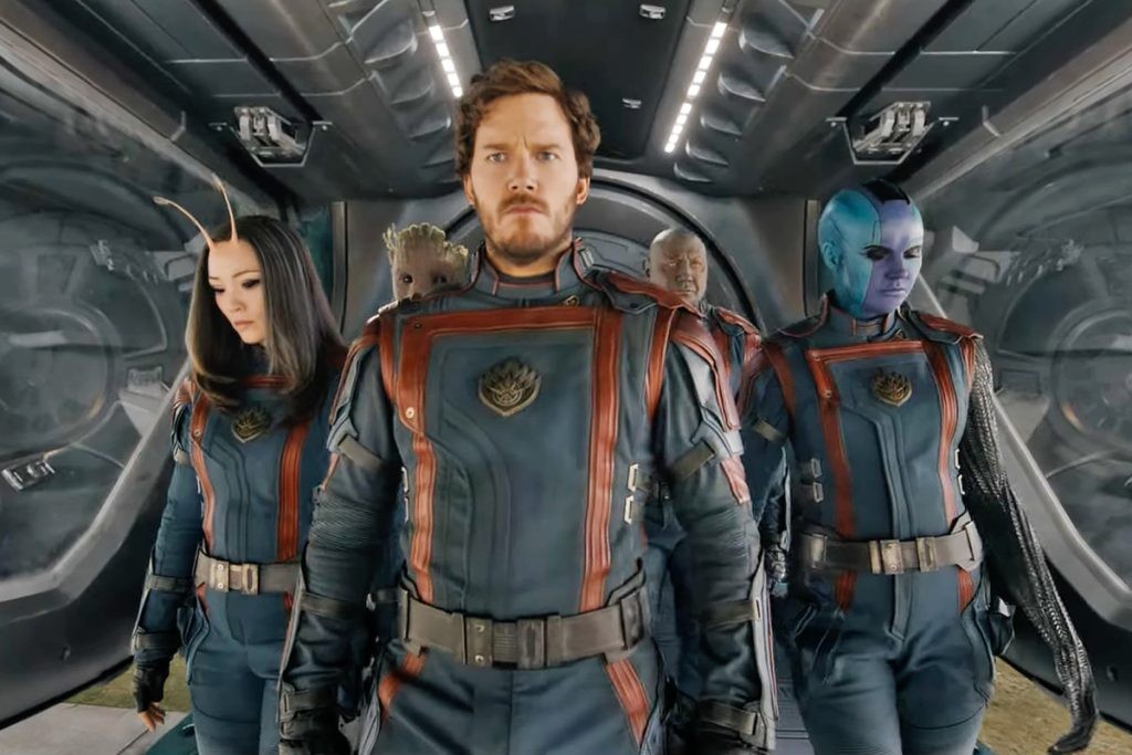Chris Pratt as Peter Quill with other guardians in Guardians of the Galaxy vol. 3