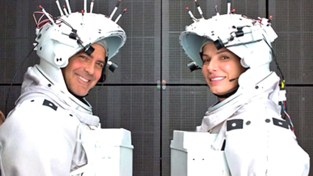 Sandra Bullock and George Clooney on the sets of Gravity