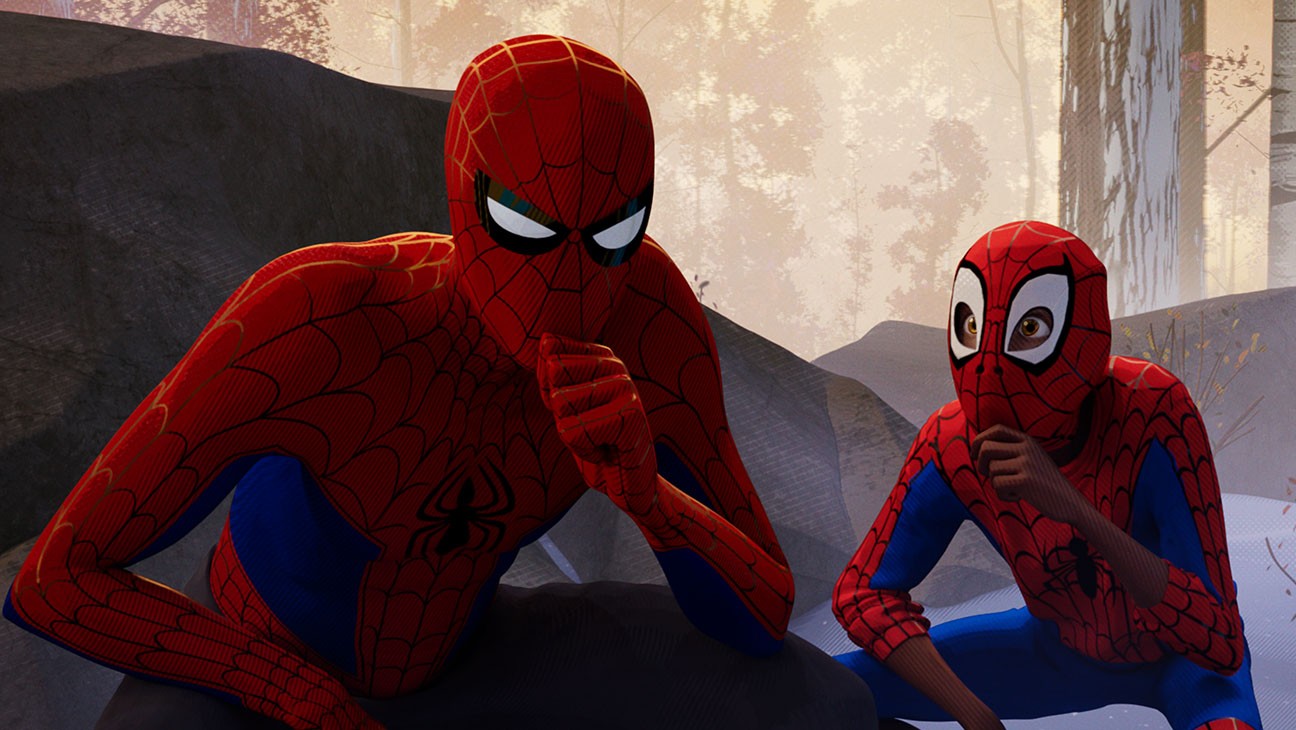 Peter Parker (Jake Johnson) and Miles Morales (Shameik Moore) in Spider-Man: Into The Spider-Verse 