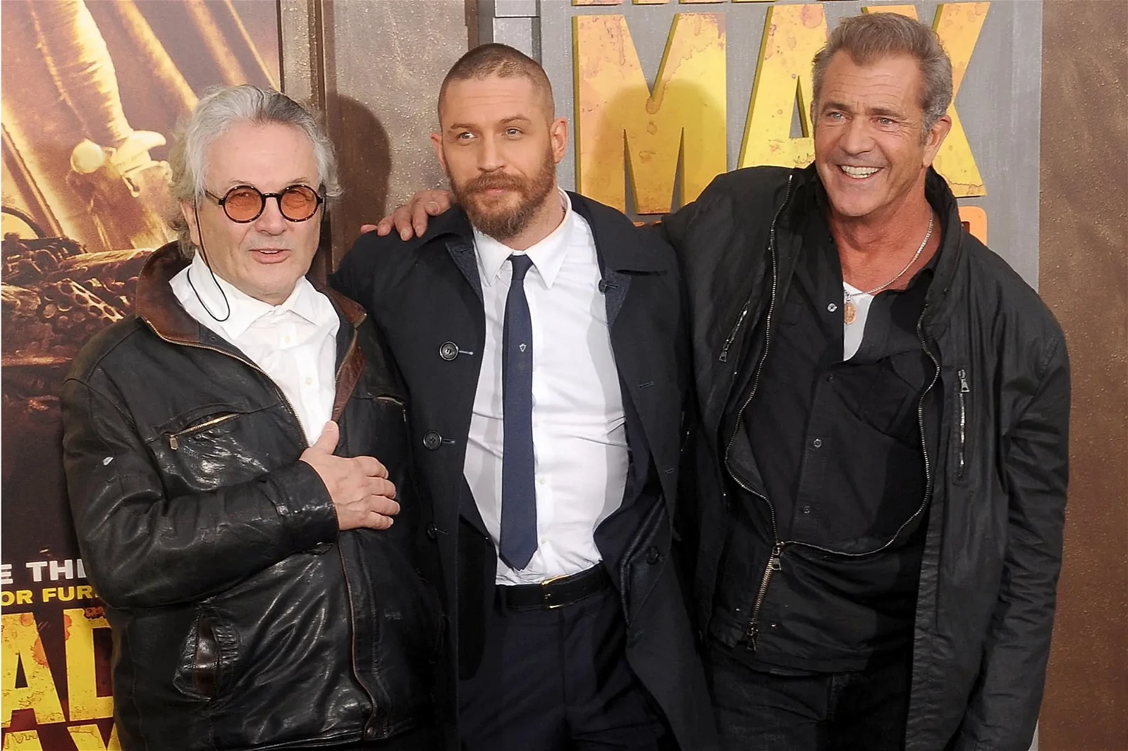 George Miller, Tom Hardy, and, Mel Gibson at the Los Angeles premiere of Mad Max: Fury Road.