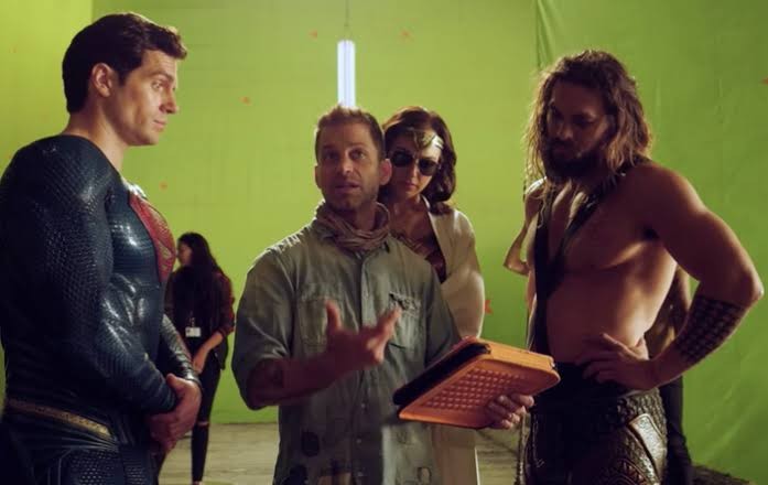 Zack Snyder behind the scenes with Henry Cavill, Jason Momoa, and Gal Gadot