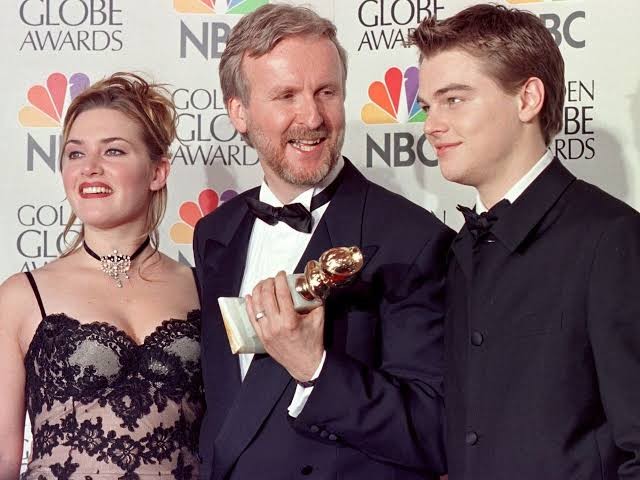 James Cameron with Kate Winslet and Leonardo DiCaprio