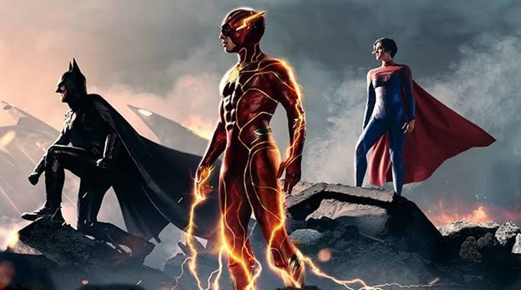 Michael Keaton, Ezra Miller, and Sasha Calle in The Flash poster 